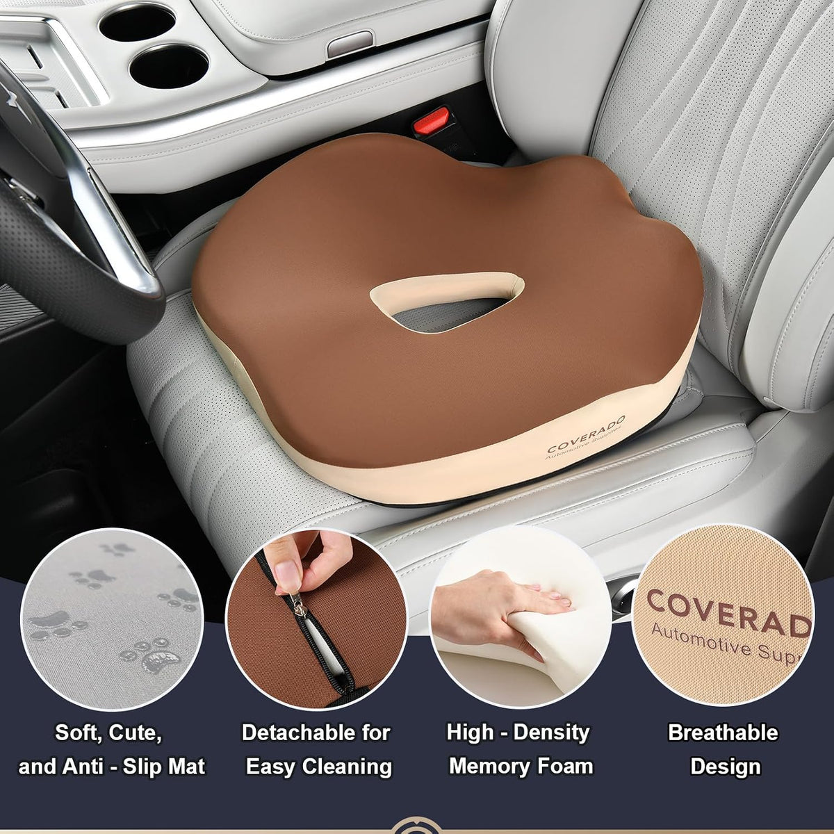 Coverado Car Seat Cushion with Memory Foam, Ergonomic Driving Seat Cushion for Sciatica, Tailbone, Back Pain Relief, Premium Non-Slip Washable Cushion for Car, Driver, Office, Wheelchair