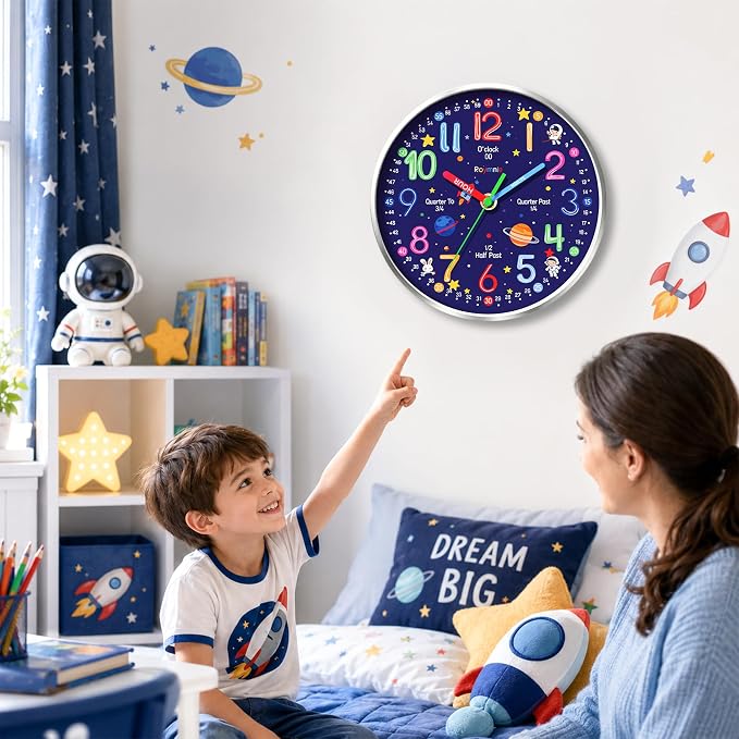Roymnie Wall Clock Learning to Tell Time Easily Non Ticking Battery Operated
