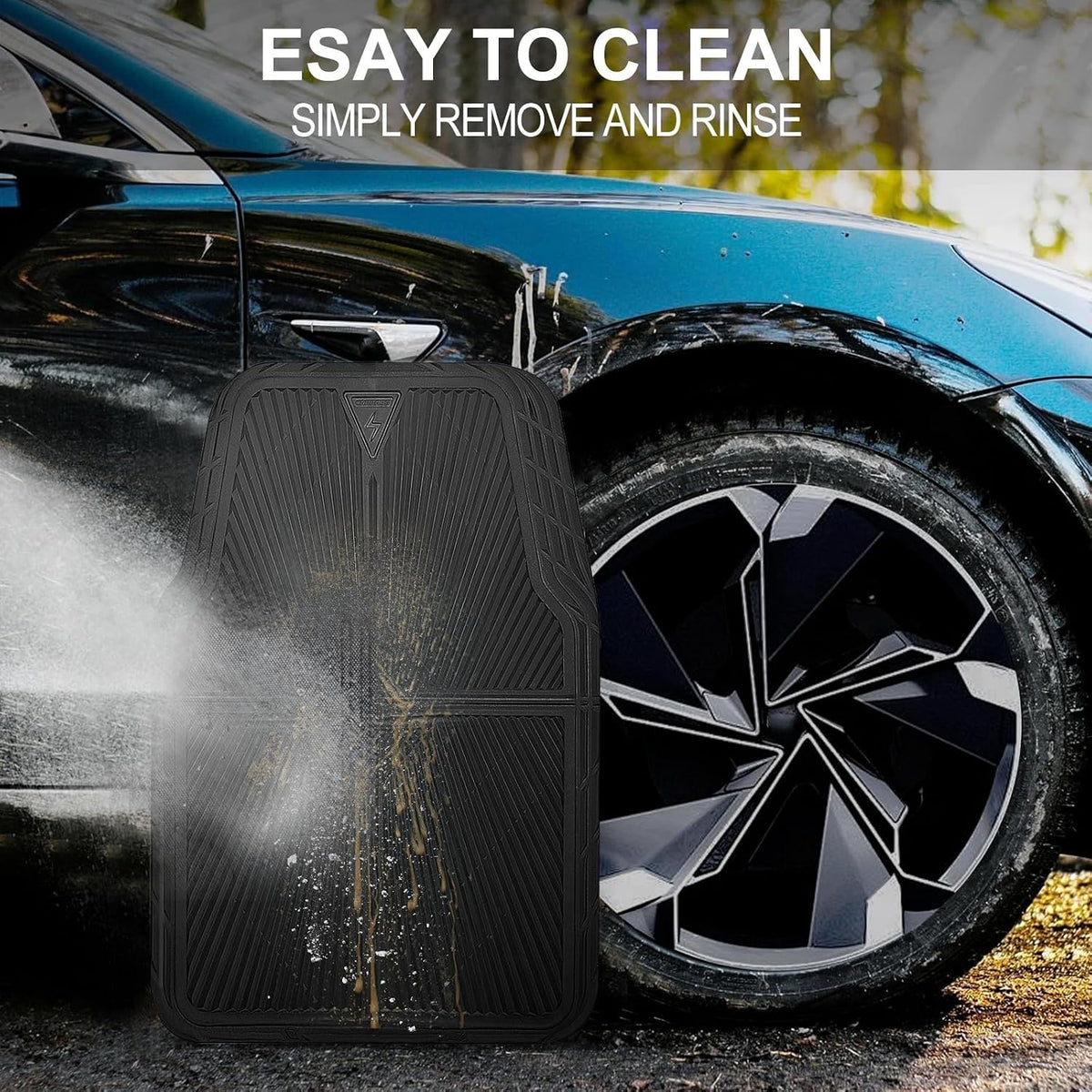 CAR PASS Rubber Floor Mats, All Weather Waterproof Trim-to-Fit Automotive Mats for Cars Trucks SUV, Anti-Slip Easy Clean, Heavy Duty Full Set 3-Piece, All Black