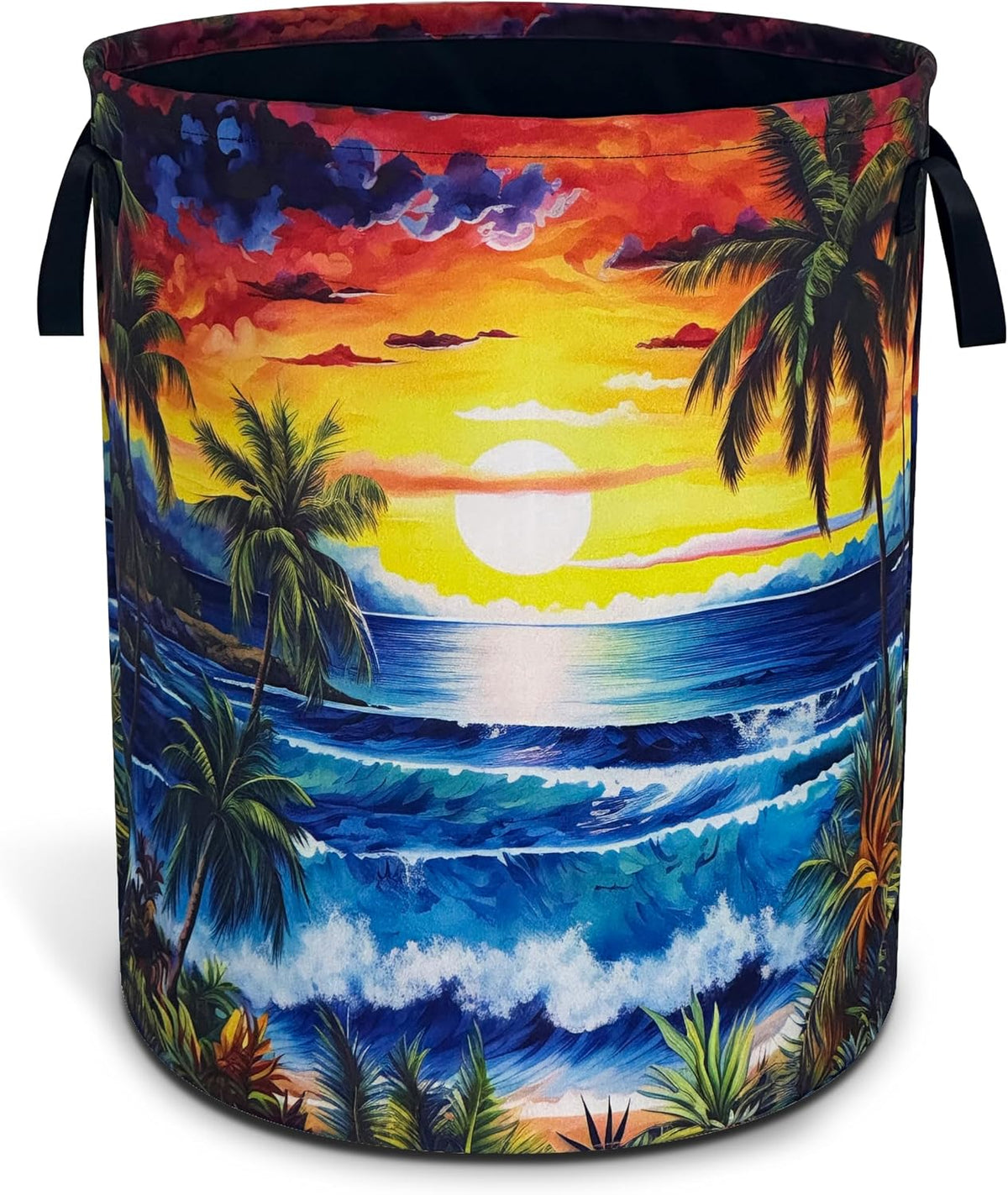 Hawaii Sunset Ocean Waves Laundry Basket Foldable Waterproof 18.9x16.5 Inch