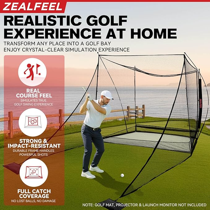 Golf Simulator Cage with Side Barriers&Impact Screen – 10x8 FT Golf Net with Dual-Layer HD Simulator Screen for High-Speed Shots, Practice Net with Ball Return for Indoor Outdoor Backyard