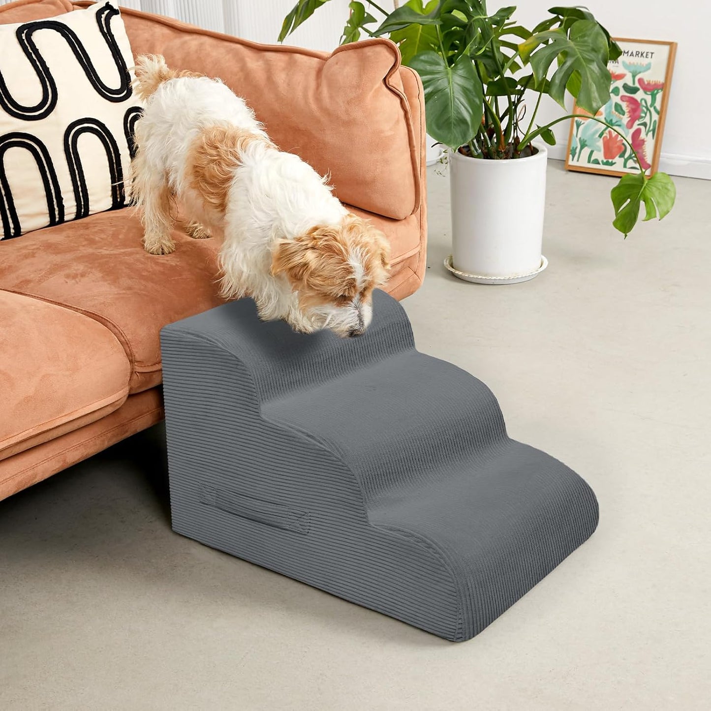 Dog Stairs & Steps for High Beds, 3 Steps High Density Foam Waterproof Dog Ramp for Small Dogs and Cats, Pet Stairs with Removable Washable Cover for Bed, Couch, Sofa and Car (H:16")