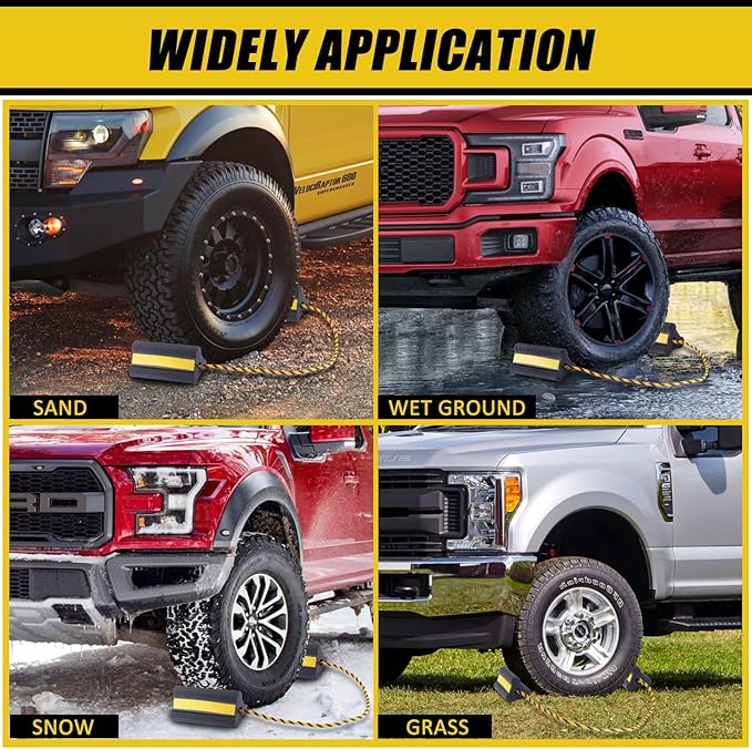 Heavy Duty Wheel Chocks - Wheel Stoppers for Trailer Travel Trailers RV Aircraft Car Camper Truck, Non Slip Rubber Wheel Block with Nylon Rope Yellow Reflective Tape（1 Pair）