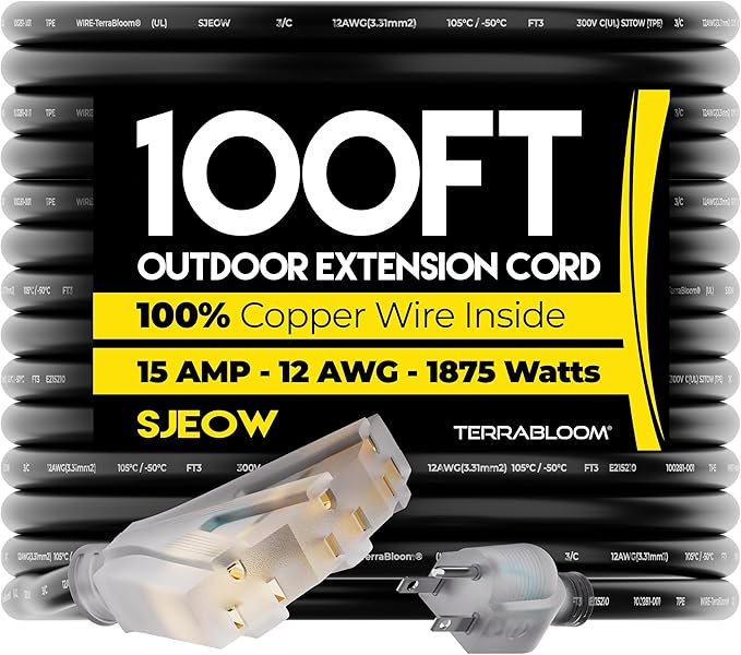 TerraBloom 12/3 Heavy Duty Extension Cord 100 FT Outdoor - Black Outdoor Extension Cord Multiple Outlet - Ultra-Flexible SJEOW Rubber, Light Indicator, Triple Outlet for Maximum Efficiency - 15 Amp