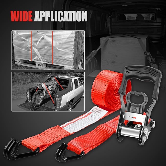 AWELCRAFT Ratchet Straps(4 Pack),3300lb Breaking Strength,1.5in×10ft Heavy Duty Tie Down Ratcheting with Padded Handles,Double J Hooks & 4 Soft Loops for Trailer,Trucks,Motorcycle(Red)