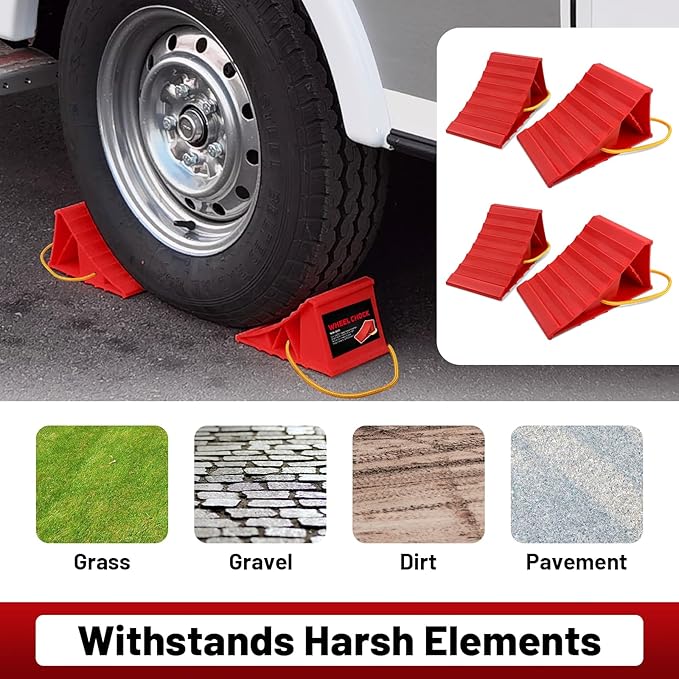 HOXWELL 2 Pair Wheel Chocks for Travel Trailers, Non Slip Heavy Duty Red Wheel Chock with Rope, Lightweight Wheel Stoppers for Cars Campers Trucks RVs, Easy to Carry & Suitable for Most Tyre Sizes