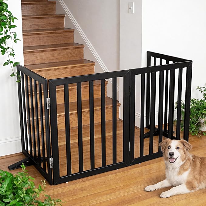 ZJSF Freestanding Indoor Dog Gate for House Foldable Wood Puppy Gate for Doorways Pet Gate for Stairs Extra Wide Pet Fence, Black, 24" Height 3 Panels