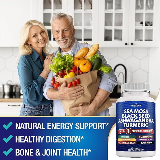 NEW AGE Sea Moss Black Seed Oil Ashwagandha Turmeric Bladderwrack Burdock - with Manuka, Honey Dandelion, ACV Black Pepper Gluten Free