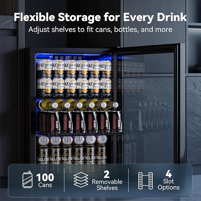 Beverage Refrigerator, 2.47 Cu.Ft Mini Fridge Beverage Cooler | Glass Door, 35–65°F Digital Temperature Display, Adjustable Shelves, Beverage Fridge for Soda, Beer & Wine