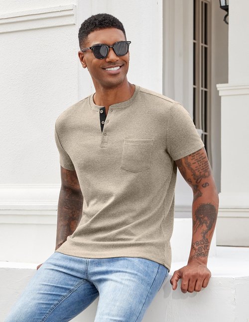 COOFANDY Men Henley Shirts Casual Golf T Shirt Pocket Lightweight Business Classic Tunic Top Coffee