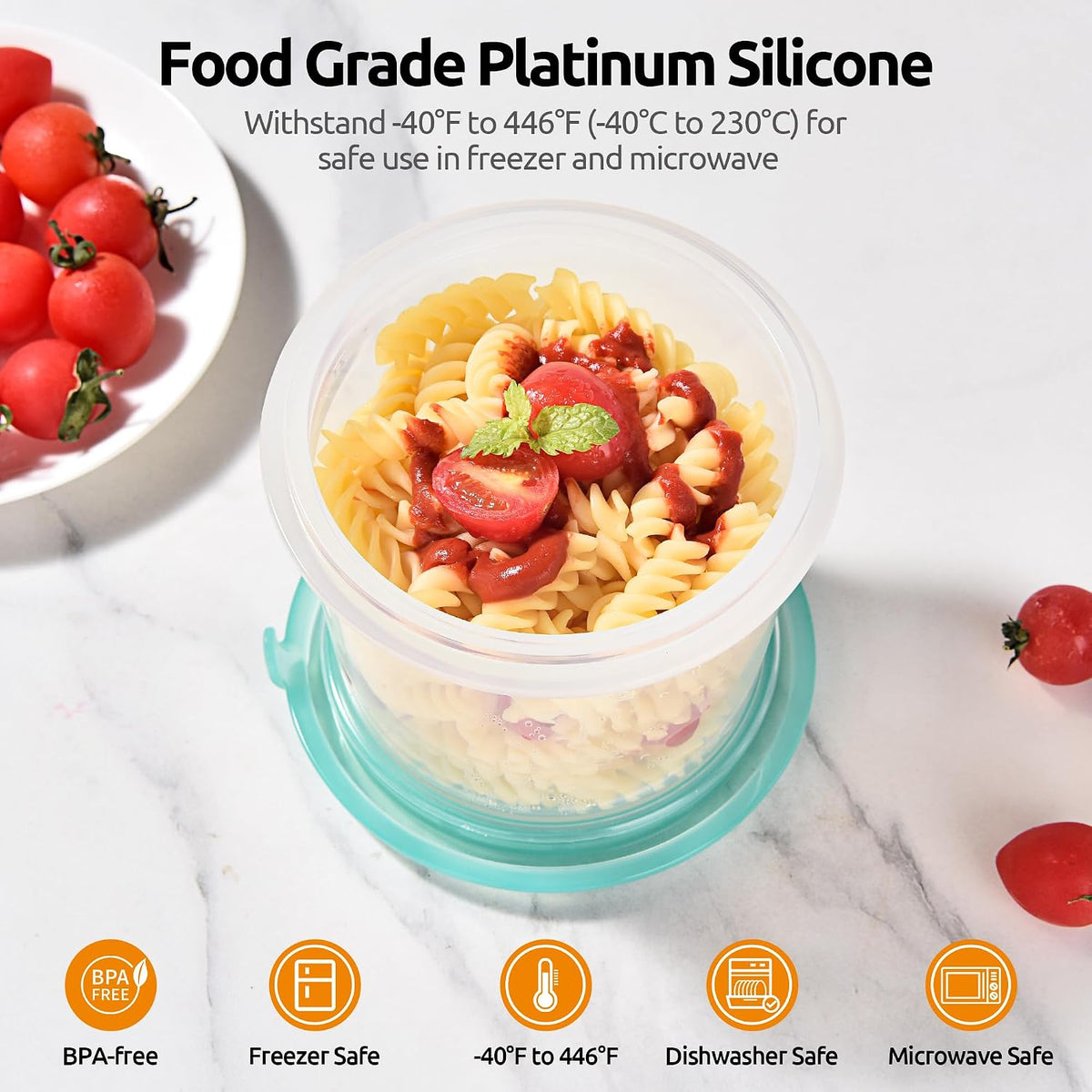 U-Taste 2 Cup Silicone Food Container: Meal Prep Kitchen Storage with Airtight Lid, Freezer & Microwave Safe, Lunch Box with Date Marking Circle, Clear Stackable for Portion Control (2-PC, Aqua Sky)