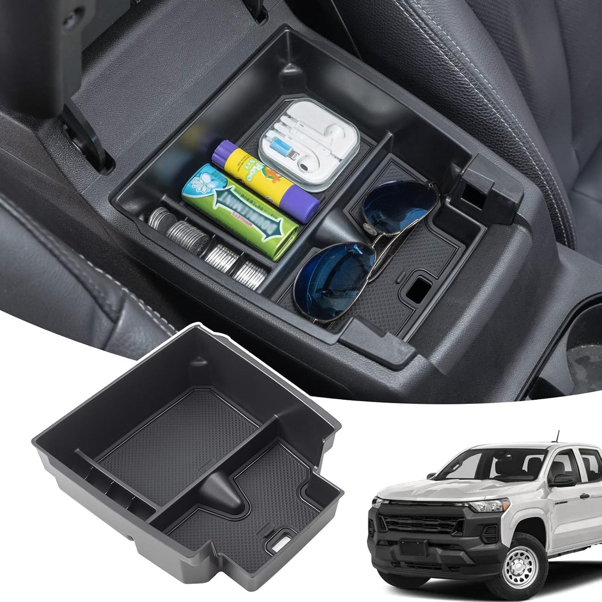 JDMCAR Center Console Organizer Compatible with 2023 2024 2025 2026 Chevy Colorado/GMC Canyon Accessories, Coin Container Armrest Secondary Storage Box with Non-Slip Silicone Mat (Black Trim)