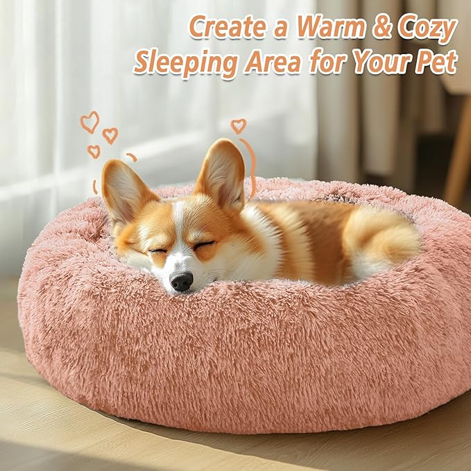 JOLLYVOGUE Calming Dog & Cat Bed for Large Dogs, Anti-Anxiety Donut Cuddler Cozy Soft Round Bed with Anti-Slip Bottom, Fluffy Faux Fur Plush Cushion Beds for Medium Dogs (36")