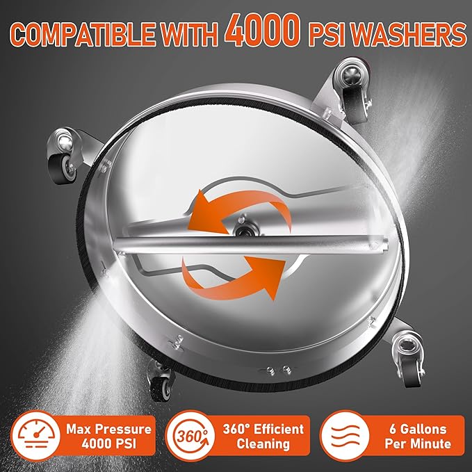 16.5" Pressure Washer Surface Cleaner with 4 Wheels, 4000 PSI Max Stainless Steel Surface Cleaner for Pressure Washer, 2 Extension Wands, 1/4" Quick Plug, for Concrete, Patio, Sidewalk, Deck