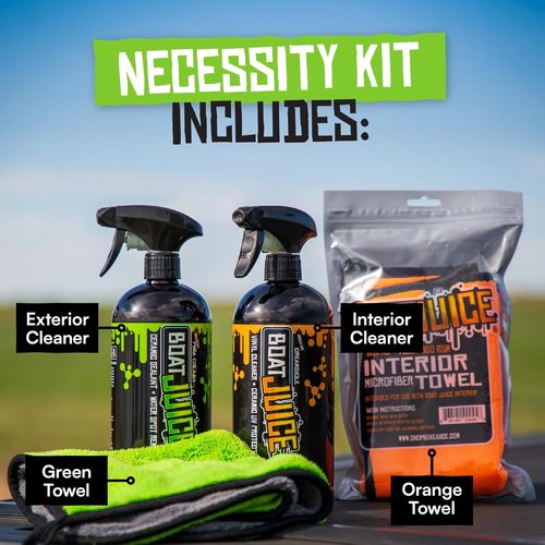 Boat Juice Necessity Boat Cleaner Kit - Exterior Water Spot Remover & Interior Vinyl Cleaner | Includes 2 Microfiber Towels | Marine Detailing Made in USA