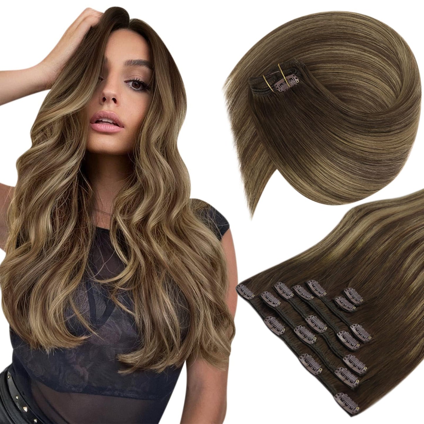 Sunny Clip In Hair Extensions Real Human Hair Balayage Hair Clip In Extensions Chocolate Brown Balayage Caramel Brown Hair Clips