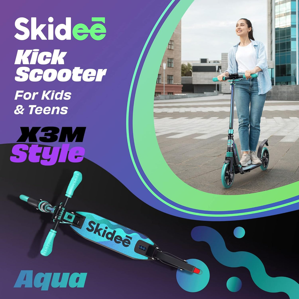 Skidee Scooter for Adults & Teens - Adjustable Height, Lightweight, Durable, Anti-Shock Suspension, Large Wheels, 220 lbs Capacity