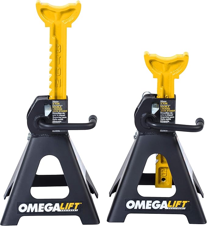 32038 3 Ton Jack Stands Pair - Heavy Duty Double Locking Pins - Handle Lock and Mobility Pin for Auto Repair Shop, Black/Yellow