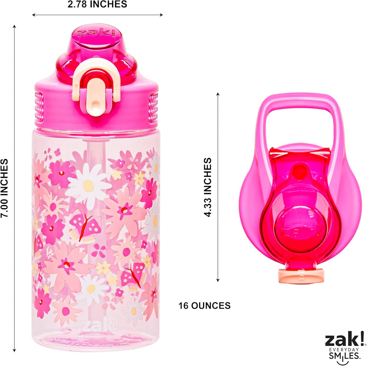Zak Designs Sage Water Bottle - 16oz Durable Plastic with Straw, Handle & Leak-Proof Cover | Flower Power