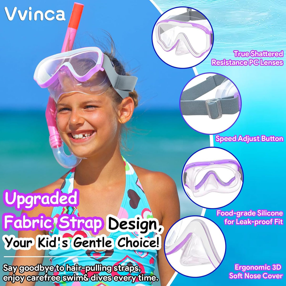 Vvinca Kids Swim Goggles - Anti-Fog Diving Mask with Nose Cover & Elastic Strap | Ages 3-14