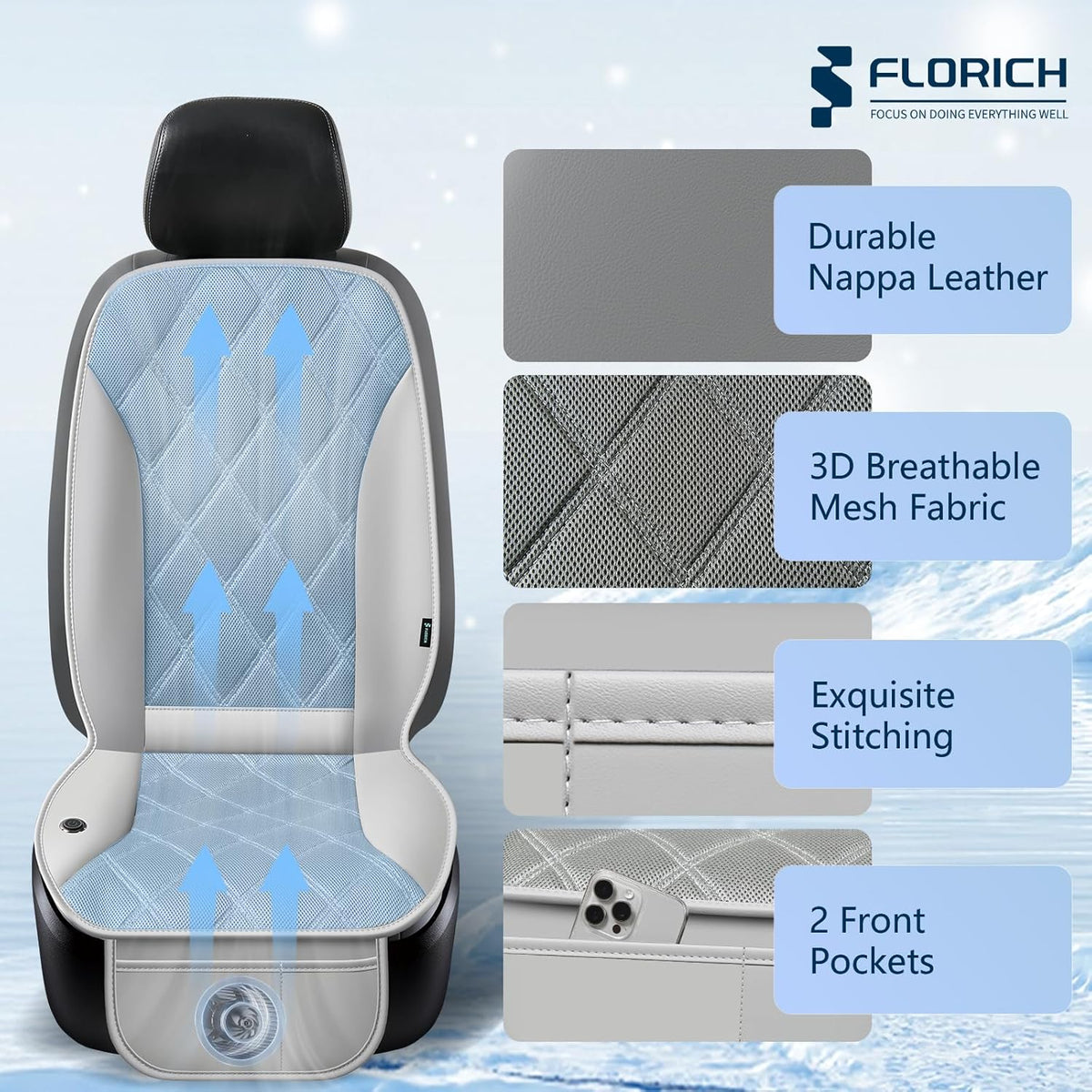 FLORICH Cooling Car Seat Cushion Ventilated Car Seat Cover with 3-Speed Adjustable Universal Fit for 12V/24V Car SUV Truck Van for Summer, Gray