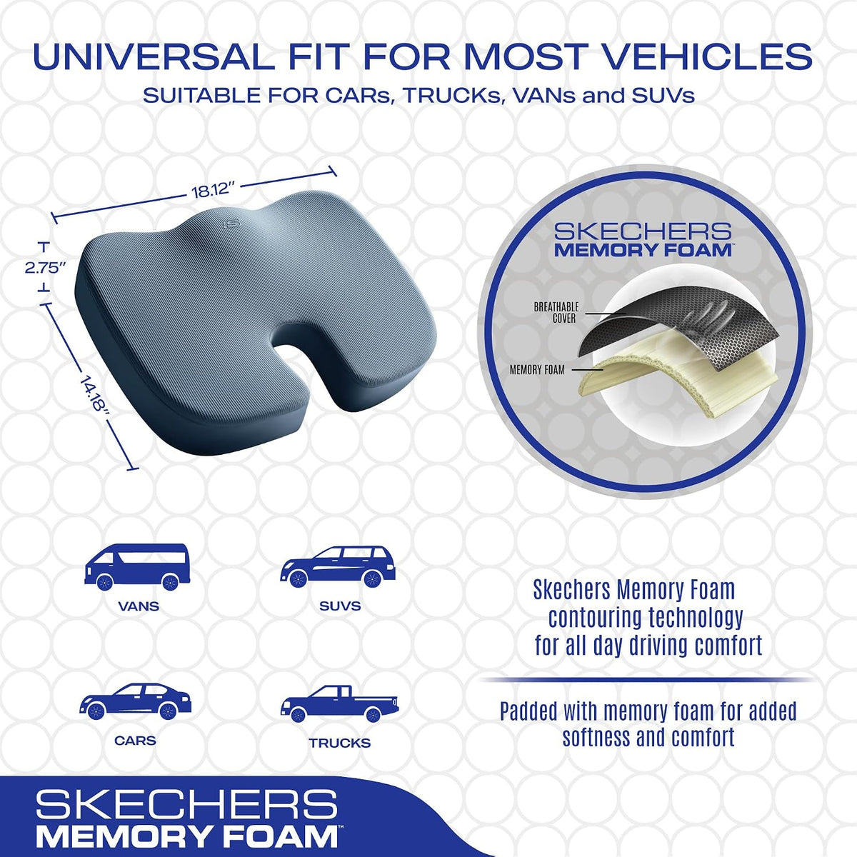 Skechers Memory Foam Seat Cushion,Office Chair Cushion for Tailbone Pain Relief,Butt Pillow for Office Chair,Car seat Cushion,Computer Desk,Long Sitting Office Workers,and Car Drivers,Blue
