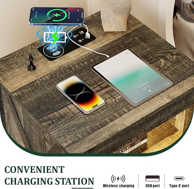 Night Stand with Gun Drawer, Bedside Table with Charging Station & LED Light, Gun Nightstand for Bedroom Living Room, Farmhouse End Table, Rustic