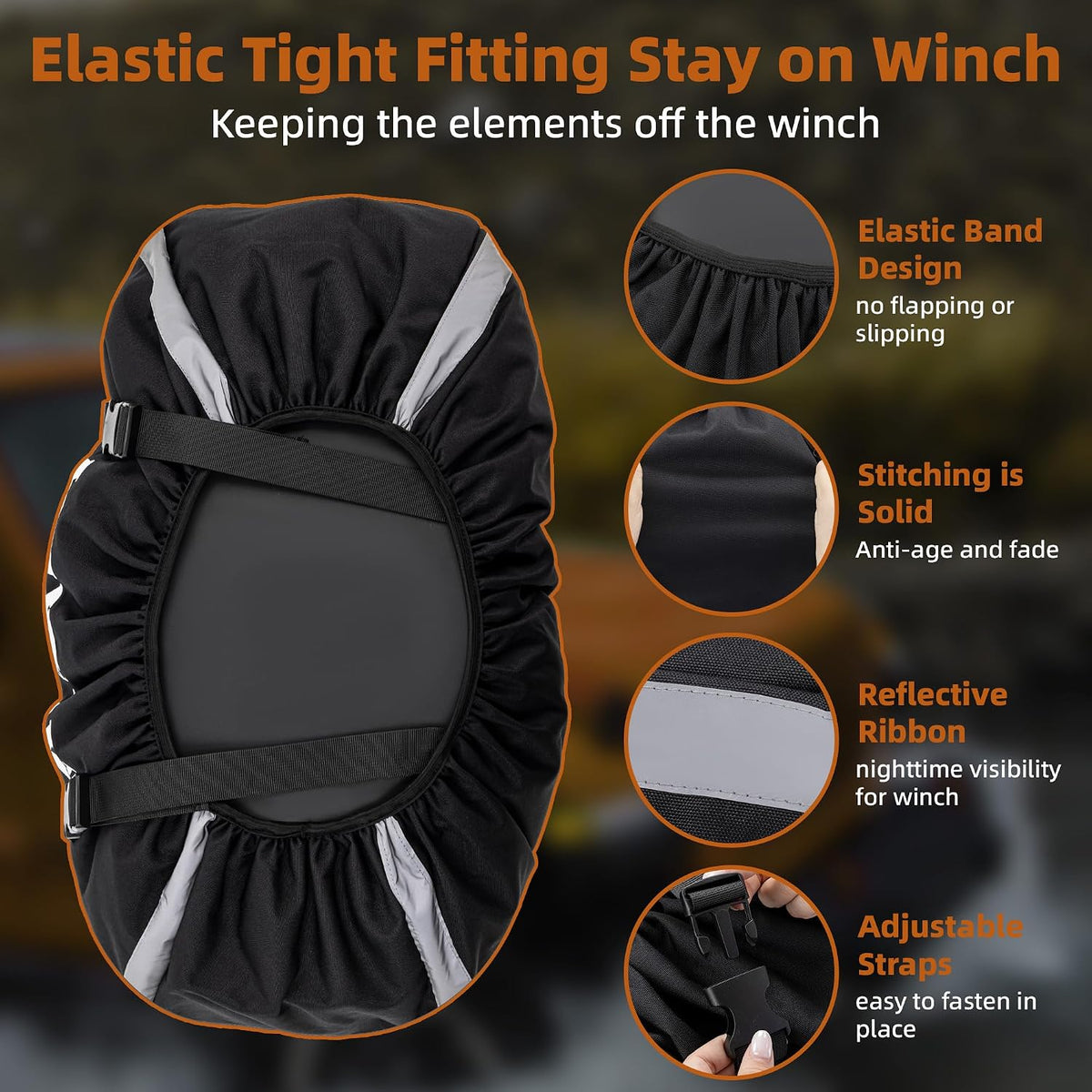 12000 lb Winch Cover, Heavy Duty Waterproof Protective Cover with Adjustable Straps Fasten, Outdoor Windproof Covers for Electric Winches Accessories with Reflective Trim, 25"x10.5"x 8.7"(LxHxW)