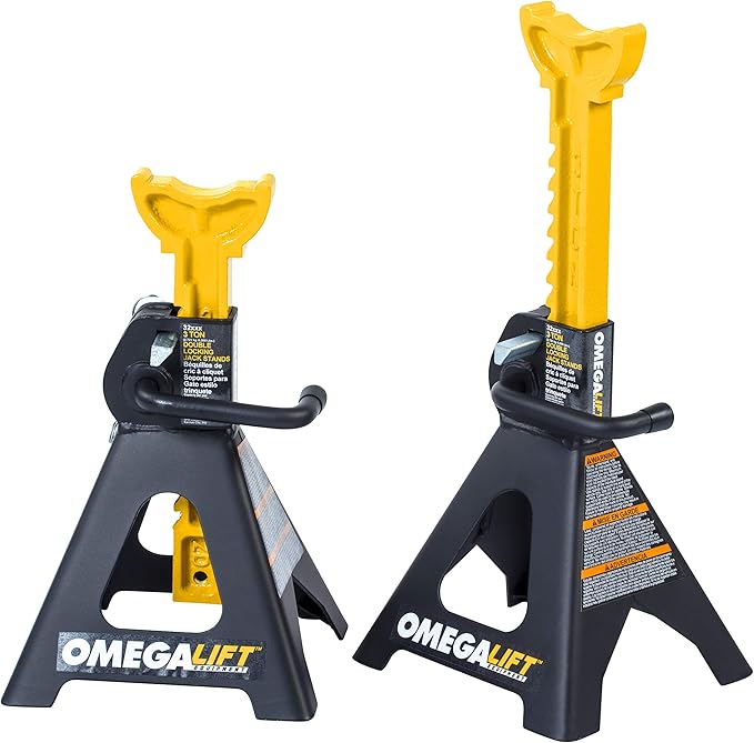 32038 3 Ton Jack Stands Pair - Heavy Duty Double Locking Pins - Handle Lock and Mobility Pin for Auto Repair Shop, Black/Yellow