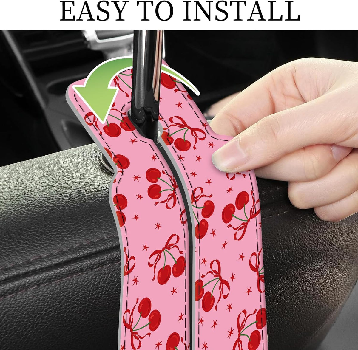PU Leather Car Seat Hook, Storage Headrest Hanger, Cute Car Backseat Organizer, Car Hooks For Purses and Bags Pink Cherry Print