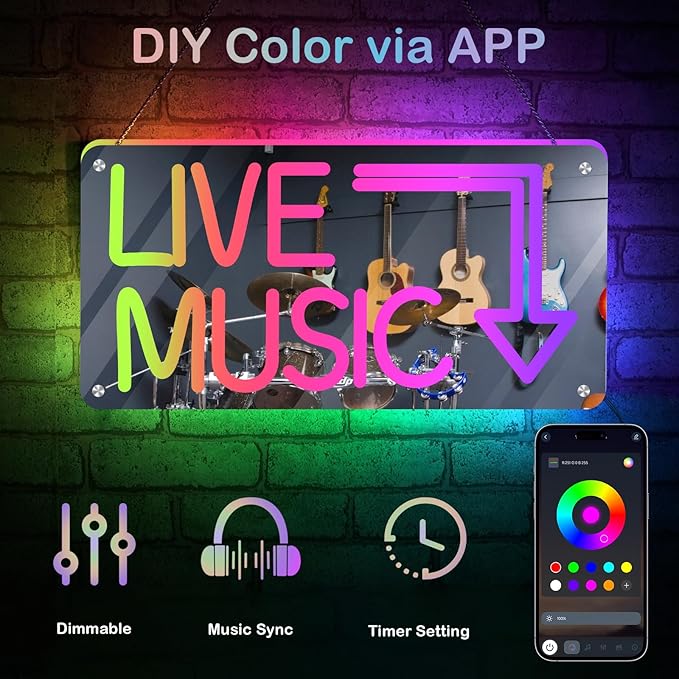 Live Music Neon Sign App Controlled LED Sign Mirror Wall Light with Customizable Colors USB Powered for Studio Bar Party Decor for Musicians and Creators