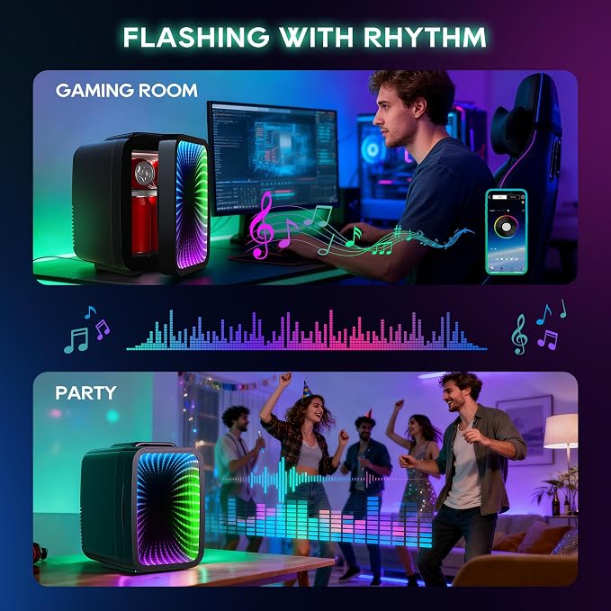 BEICHEN Mini Fridge 4L/6 Can With APP Light Controller for Gaming Room | 4L compact design| APP-controlled customized gaming light | Silent & energy-saving | AC/DC for home & auto |Black