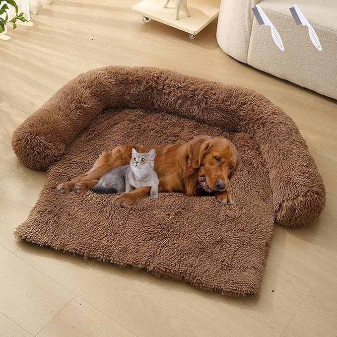 Dream Cloud Pet Sofa Bed for Dogs Cats, 2026 Washable Removable Calming Fluffy Plush Mat for Furniture Protector, Long Fur Non-Slip, for Small/Medium/Large Home Pets (Brown, L: 37.4 * 33.5IN)