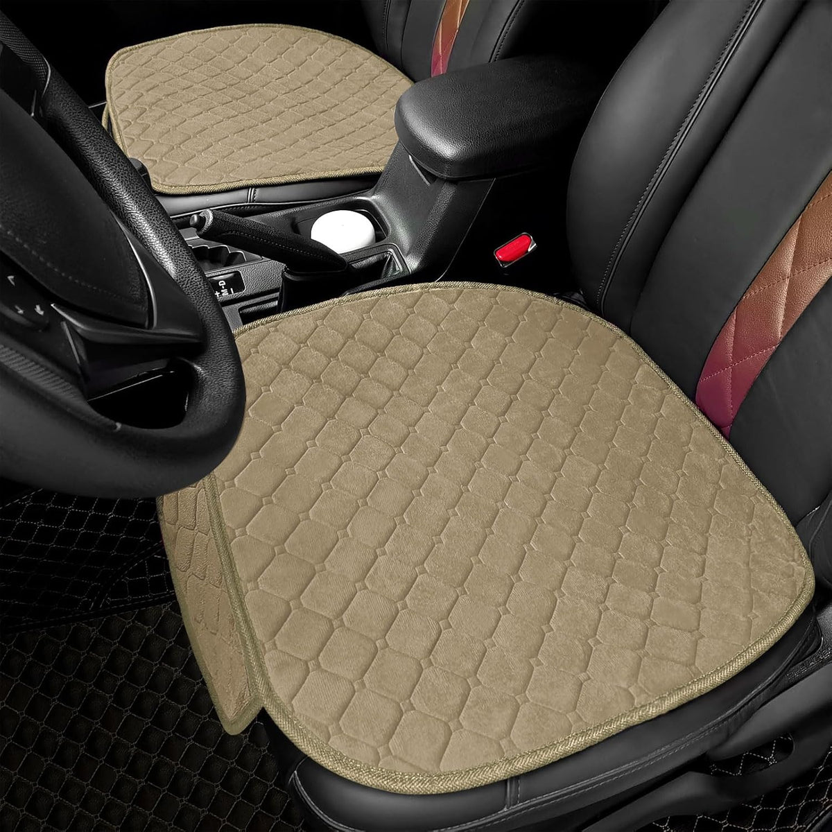 surpassme Comfortable Car Seat Covers Universal Front Seat Covers for Car Accessories with Storage Pockets, Padded Car Interior Covers for Automotive, SUV, Truck, and Van(Khaki)