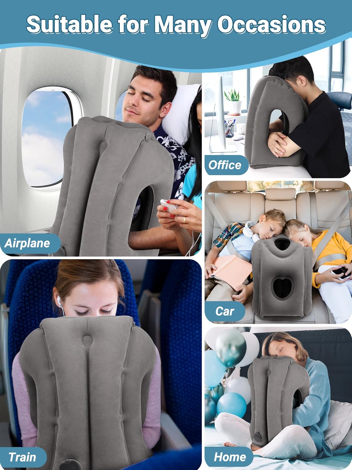 Maliton Inflatable Travel Pillow for Airplane (Dark Grey) | Comfortable Sleeping to Relieve Neck & Shoulder Pain,Support Head Inflatable Pillow for Long Flights, Used for Cars,Trains
