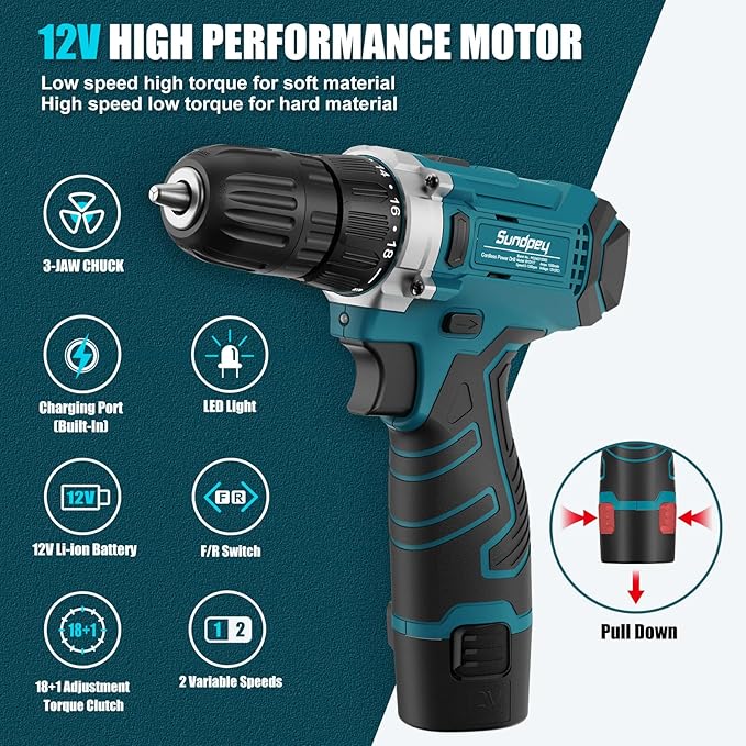 Sundpey Tool Kit 206PCs with Drill - 12V Cordless Power Drill Combo Home Tool Set - Portable Basic General Household Toolbox for Men Women for Garden Office House Repair (Screwdriver Set & Pliers Set)