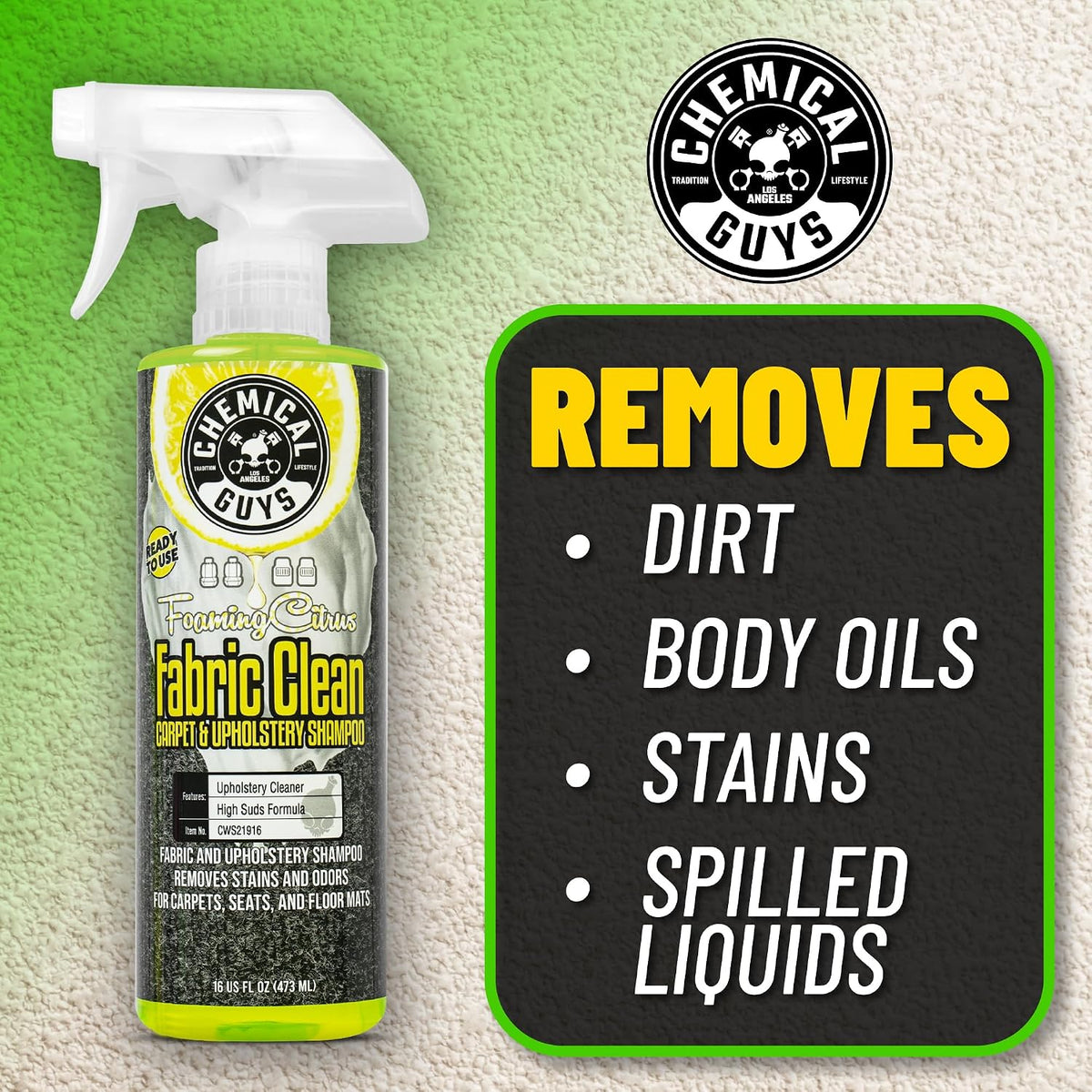 Chemical Guys Foaming Citrus Fabric Clean Carpet & Upholstery Cleaner, Ready To Use, Sprayable 16 fl oz, Citrus Scent + Total Interior Cleaner and Protectant, 16 fl oz