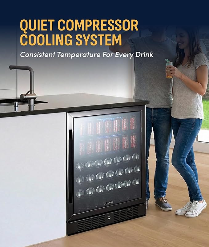NewAir Beverage Refrigerator with Glass Door | 177 Can Mini Fridge for Bedroom, Dorm, Office, or Gaming Setup | Soda, Beer, and Wine Cooler | Black Stainless Steel