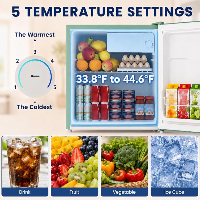 1.7 Cu.Ft Mini Fridge with Freezer for Dorm Office,Green | Compact Refrigerator Office, Energy Saving Small Fridge Reversible Single Door, Low Noise for Bedroom Small Apartment