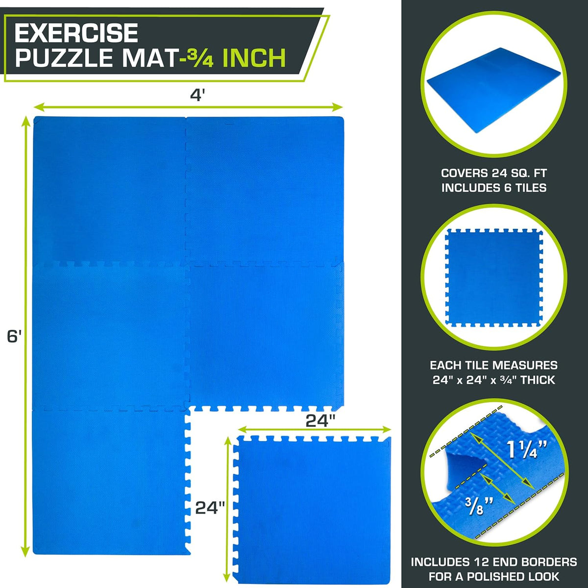ProsourceFit Extra Thick Exercise Puzzle Mat - ¾-Inch EVA Foam Interlocking Tiles | Blue, 24 SQ FT, 6 Tiles for Home & Gym