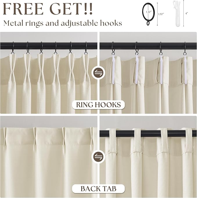 Cream Beige Pinch Pleated Linen Curtains 120 Inch 4 Panels Set
