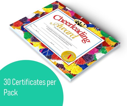 Hayes Cheerleading Award Certificate - Customizable Recognition for Kids | Full-Color Pom-Pom Design, 8.5" x 11" - 30 Pack