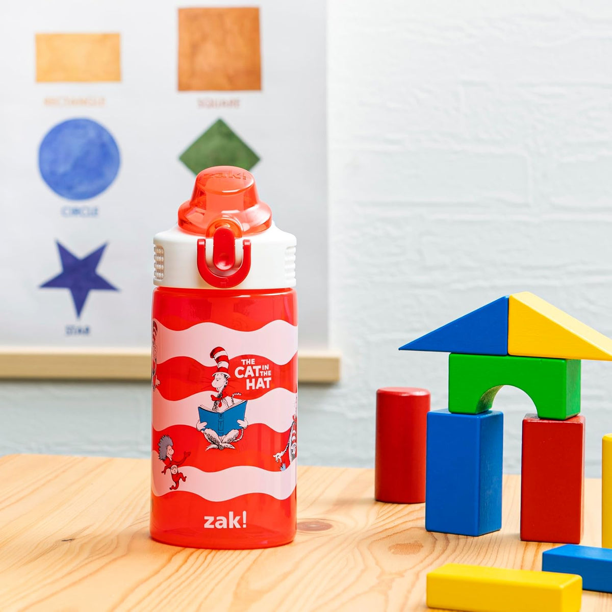 Zak Designs Dr. Seuss Kids Water Bottle - 16oz Durable Plastic with Straw & Leak-Proof Spout | The Cat in the Hat