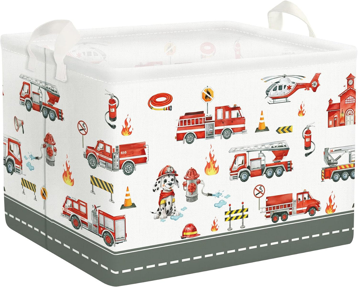 Clastyle Rectangle Large Red Fire Car Boy Gift Basket Collapsible Spotted Dog Engine Book Shelf Basket Toy Clothes Cube Storage Basket for Kids Room Nursery