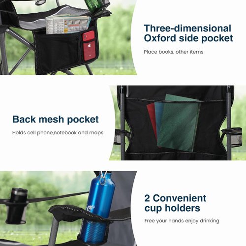 High Point Sports Oversized Camping Chair - Heavy Duty Portable Lawn Chair with Cup Holder | Supports 350 LBS, 2 Pack, Gray-Black