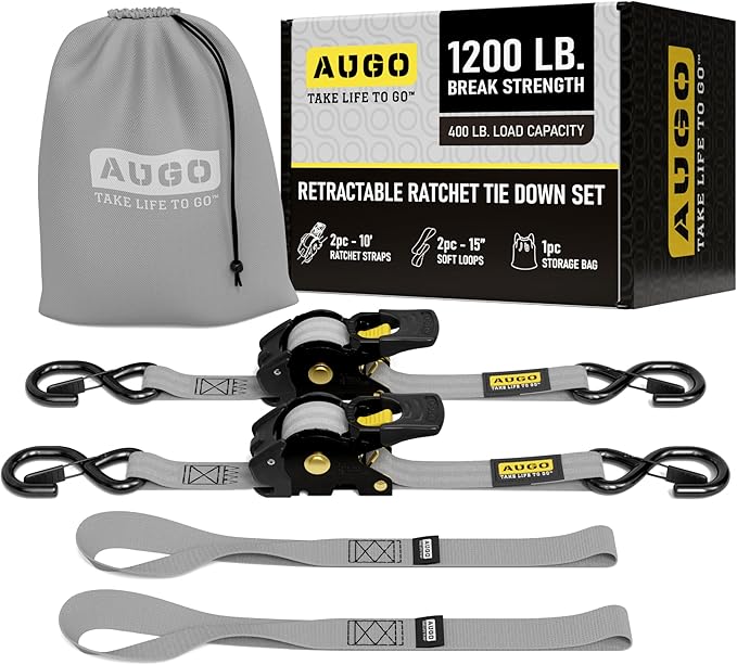 AUGO Retractable Ratchet Straps | 2 Heavy Duty Ratchet Straps Self Retractable Tie Downs with Soft Loops & Storage Bag for Motorcycle, Truck, Trailer, Cargo Van | 1200 Lb Break Strength 1” x 10’
