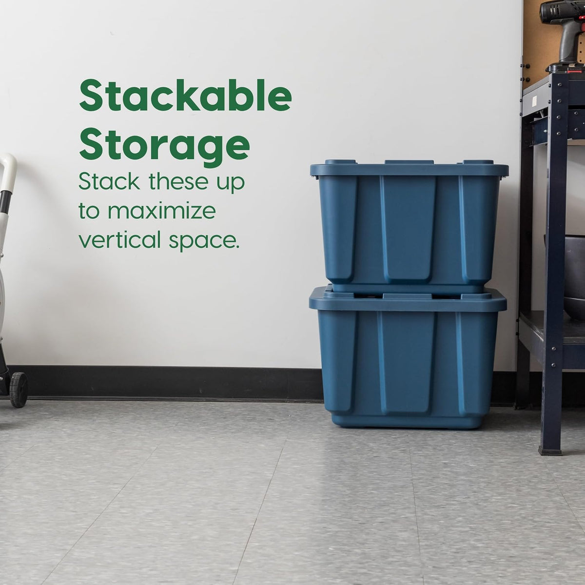 IRIS USA 4-Pack 12 Gallon Storage Bins with Lids |Made in USA| Heavy Duty Eco-Friendly Plastic Tote Containers for Truckbed Tool Box Organization, Large - Navy