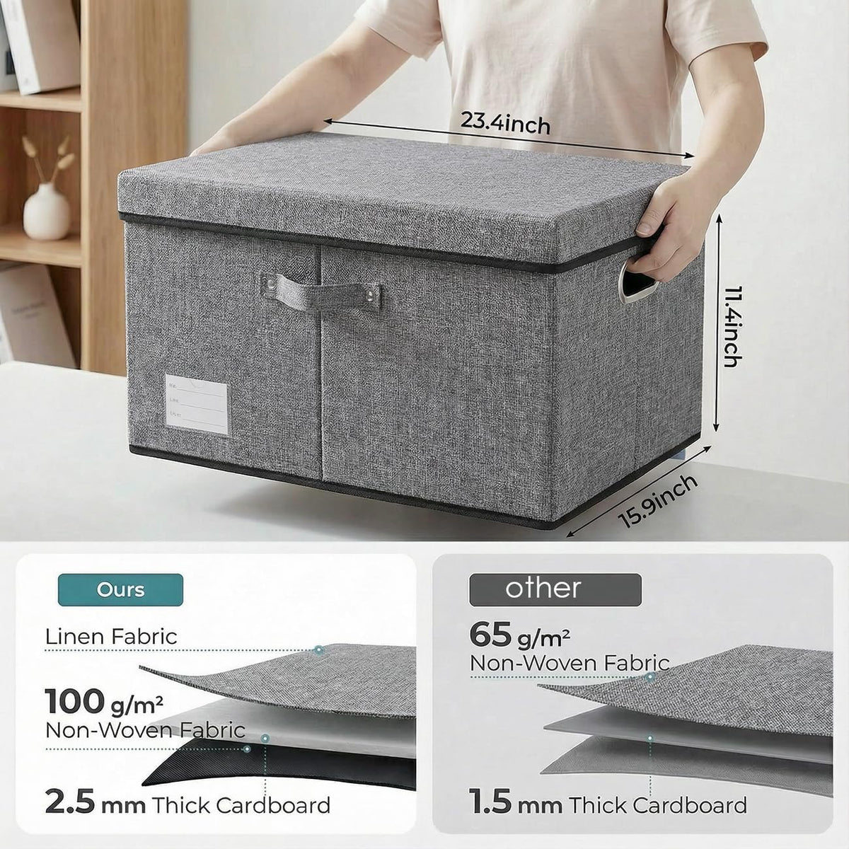 PRANDOM Storage Bins with Lids [3-Pack] Linen Fabric Foldable Storage Boxes Organizer Containers Baskets Cube with Cover for Bedroom Closet Office Grey(23.4X15.9X11.4)