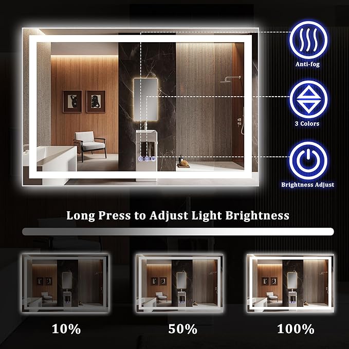 40"x 32" LED Bathroom Mirror with Lights – Backlit & Front Lit Lighted Vanity Mirror for Wall with Dimmable Lights 3 Colors – Adjustable Brightness, Anti-Fog, Shatterproof Tempered Glass