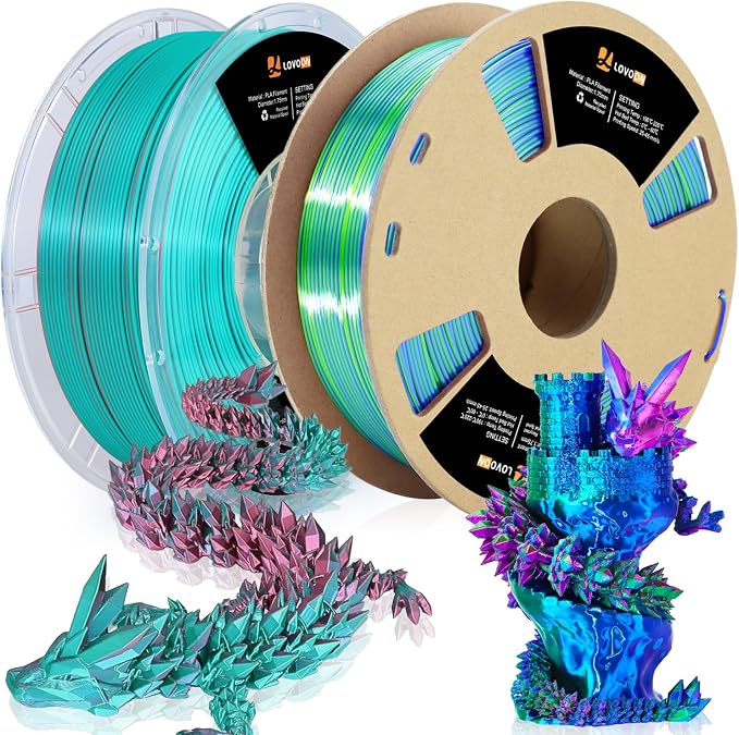 LOVOON Silk PLA 3D Printer Filament Bundle 2 KG, PLA Filament 1.75mm, Shiny